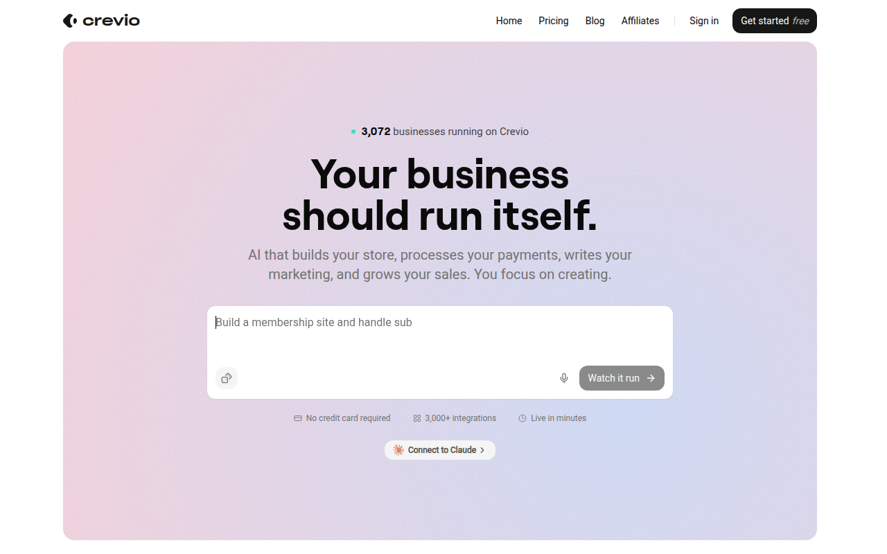 Crevio homepage showing the AI business builder that builds, launches, and grows your business