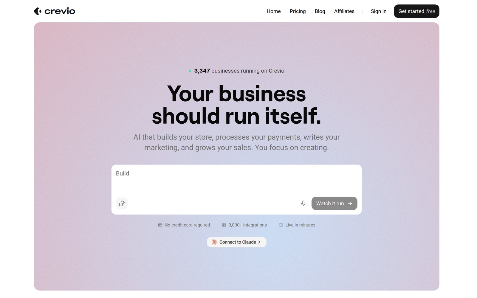 Crevio's homepage, an AI business builder for digital products, storefronts, and payments