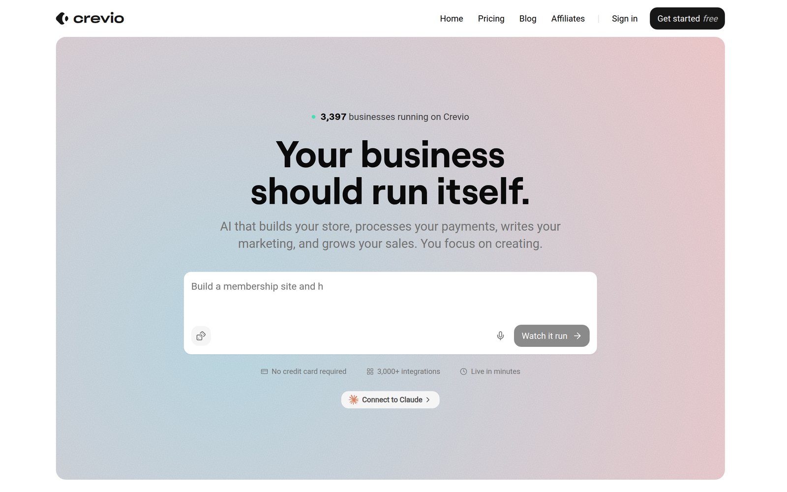 Crevio homepage showing the AI business builder platform