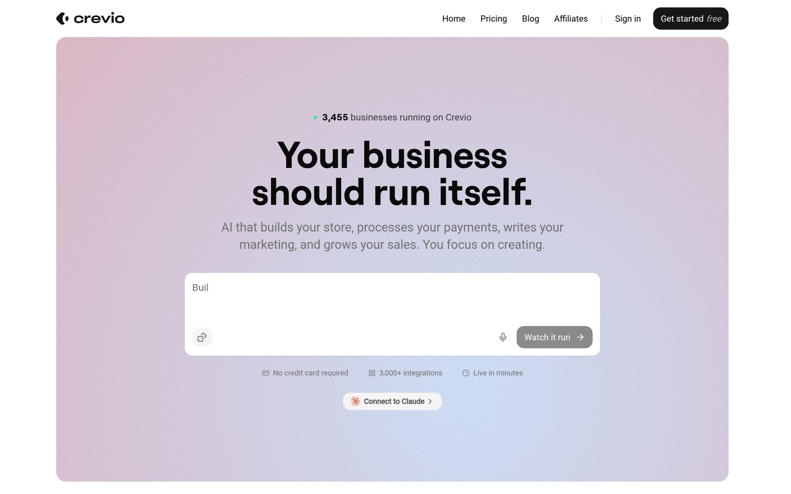 Crevio homepage, an AI business builder for launching a store and growing sales