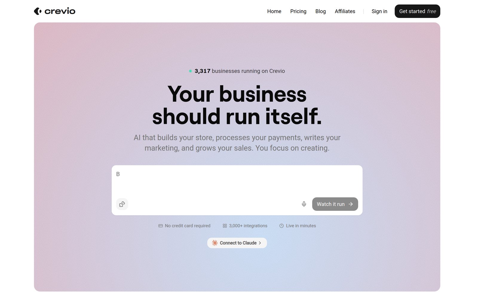 Crevio homepage: AI that builds your store, processes payments, and grows your business