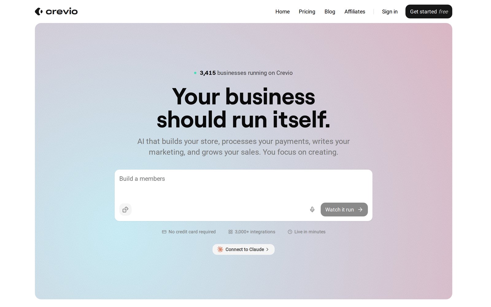 Crevio homepage with the headline "Your business should run itself", a box to describe your business, and 3,000+ integrations