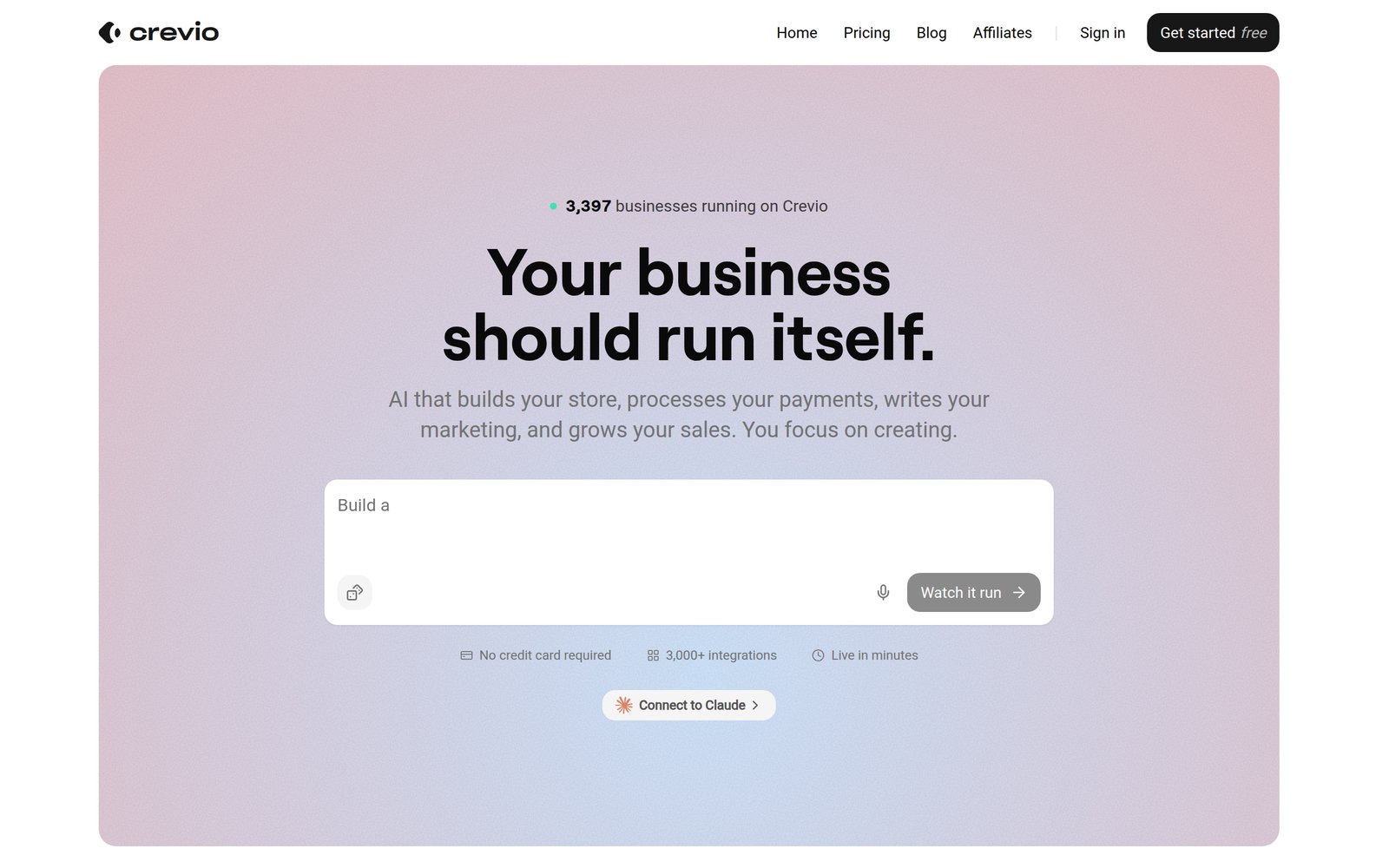 Crevio homepage with the headline: your business should run itself