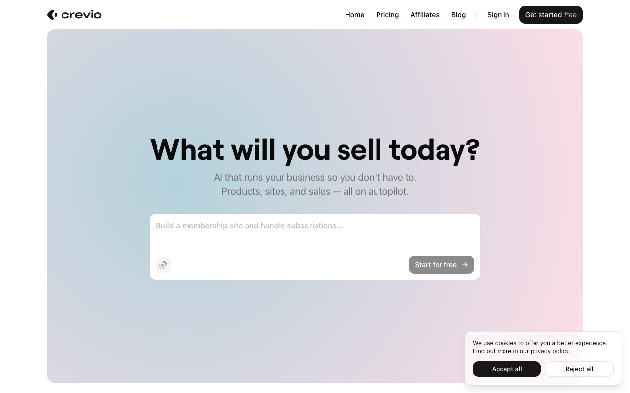 Crevio AI business builder dashboard showing autonomous product creation, storefront management, and payment processing