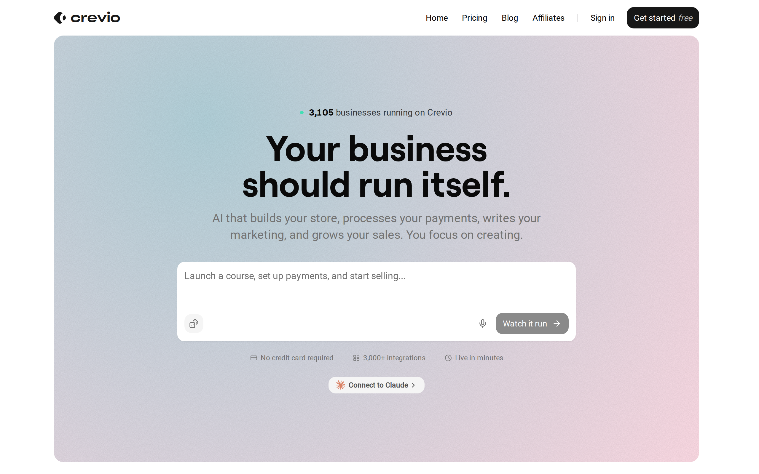 Crevio homepage showing the AI business builder that creates the storefront and Stripe-powered checkout for digital products