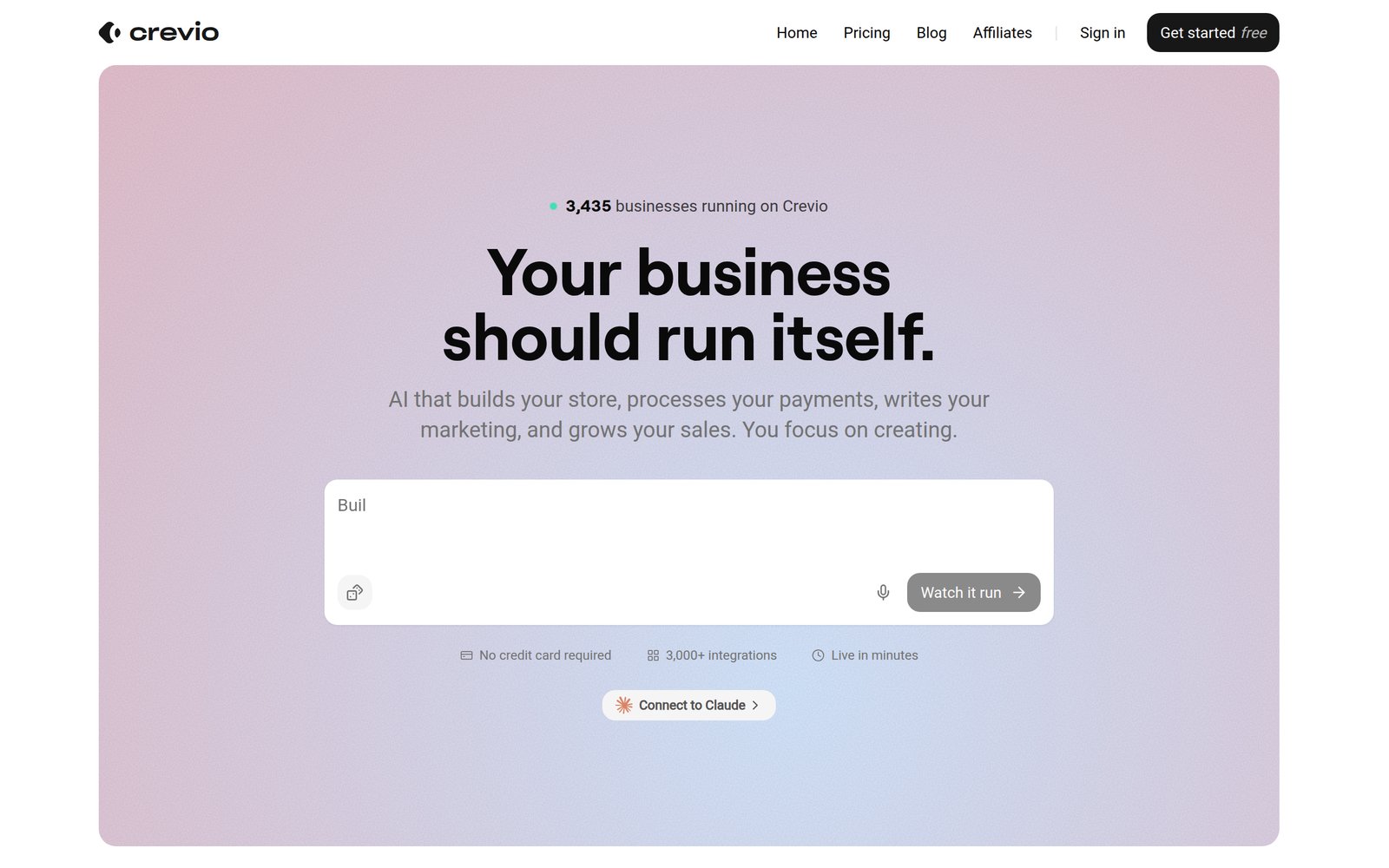 Crevio homepage showing an AI business builder that creates a store from a simple description