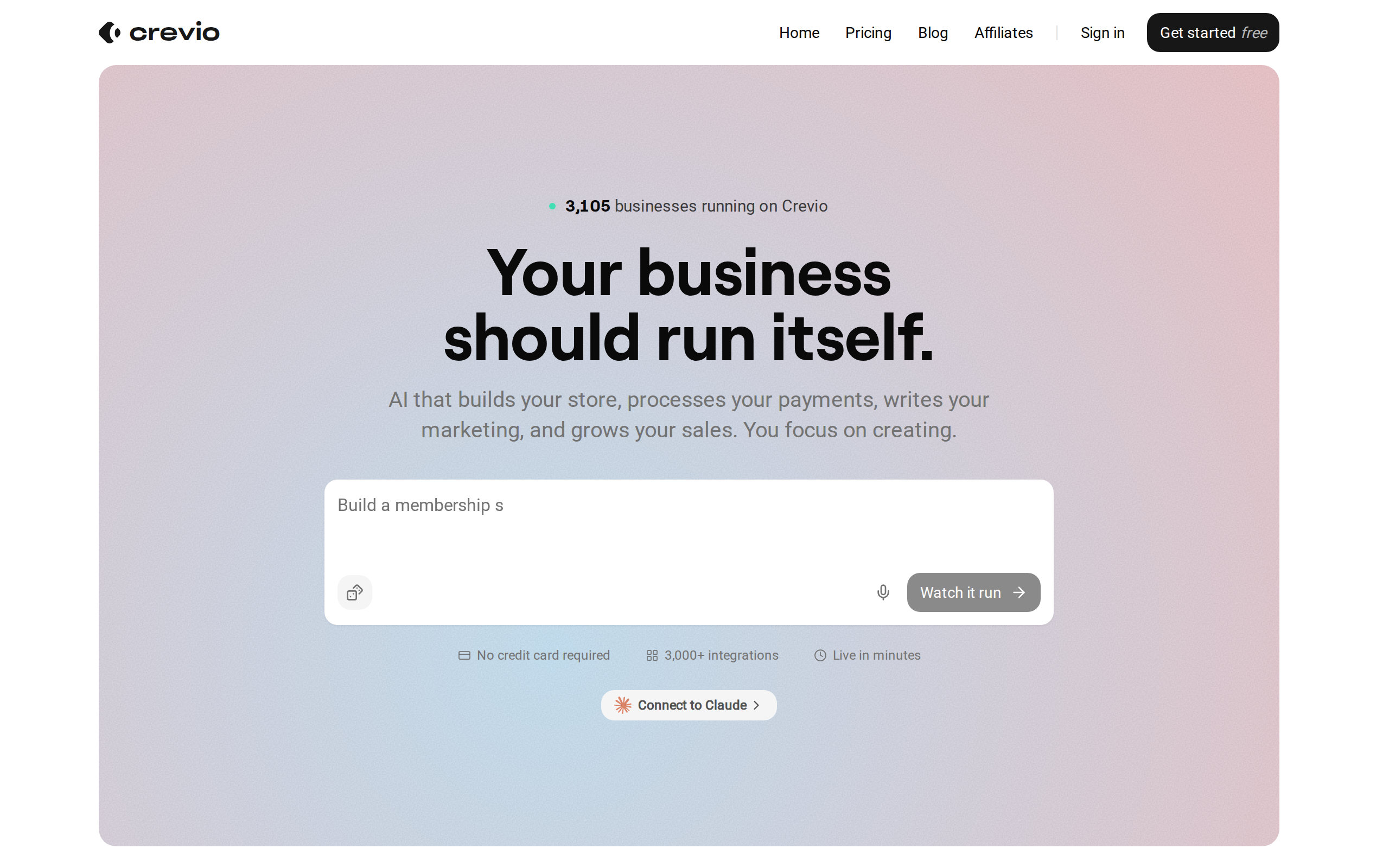 Crevio homepage showing the AI business builder that creates the storefront and checkout for you