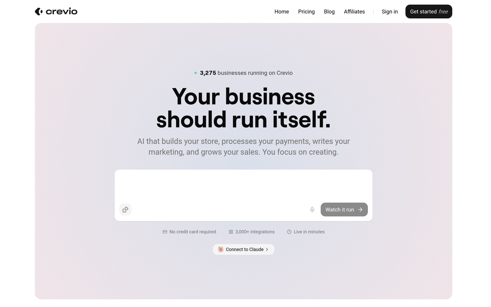 Crevio's homepage showing the AI business builder platform for creating and managing subscription-based digital products