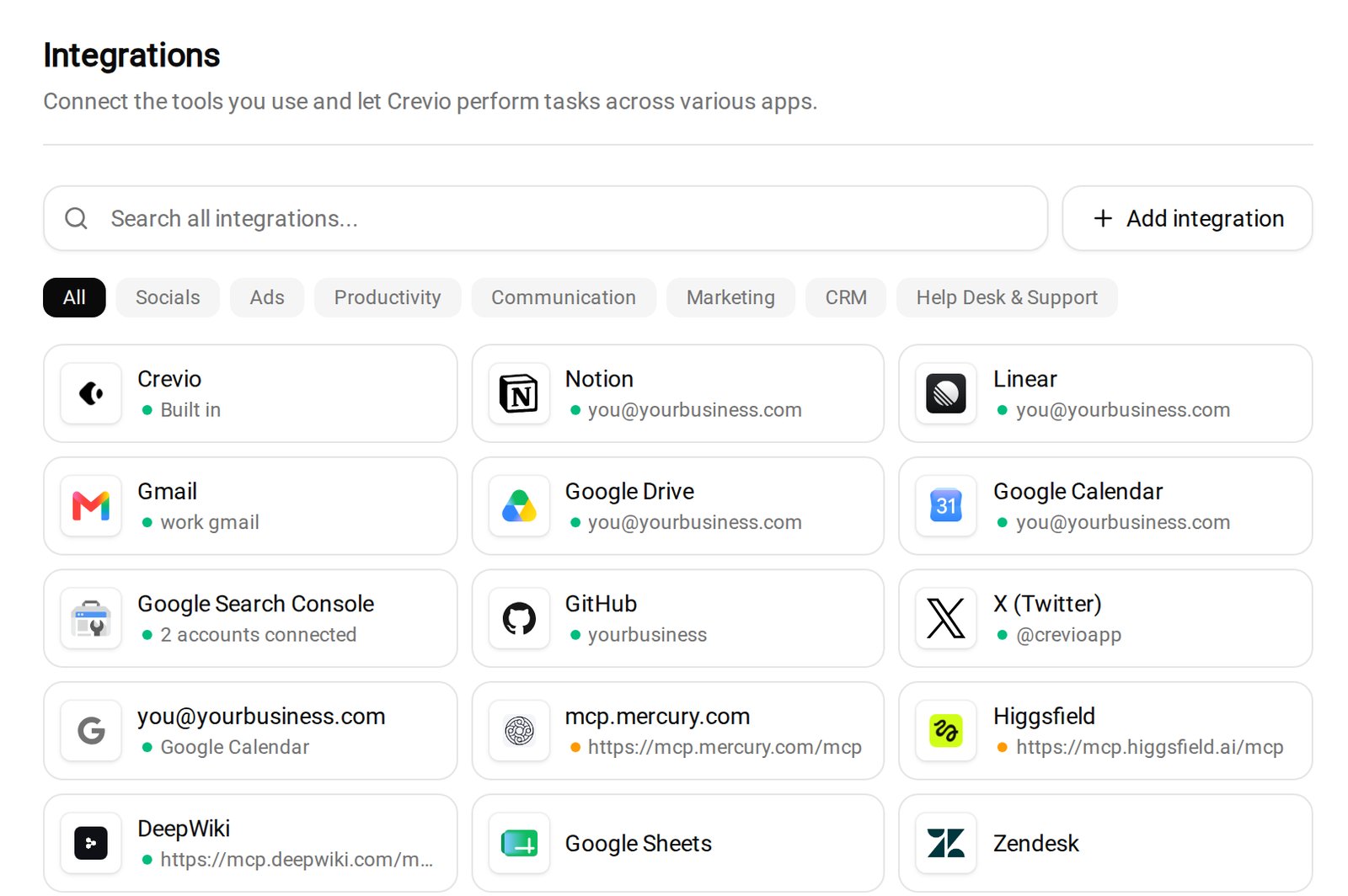 Crevio Settings, Integrations page with connected apps like Notion, Gmail, Google Drive and custom MCP servers, and a searchable catalog including Google Sheets, HubSpot and Zendesk
