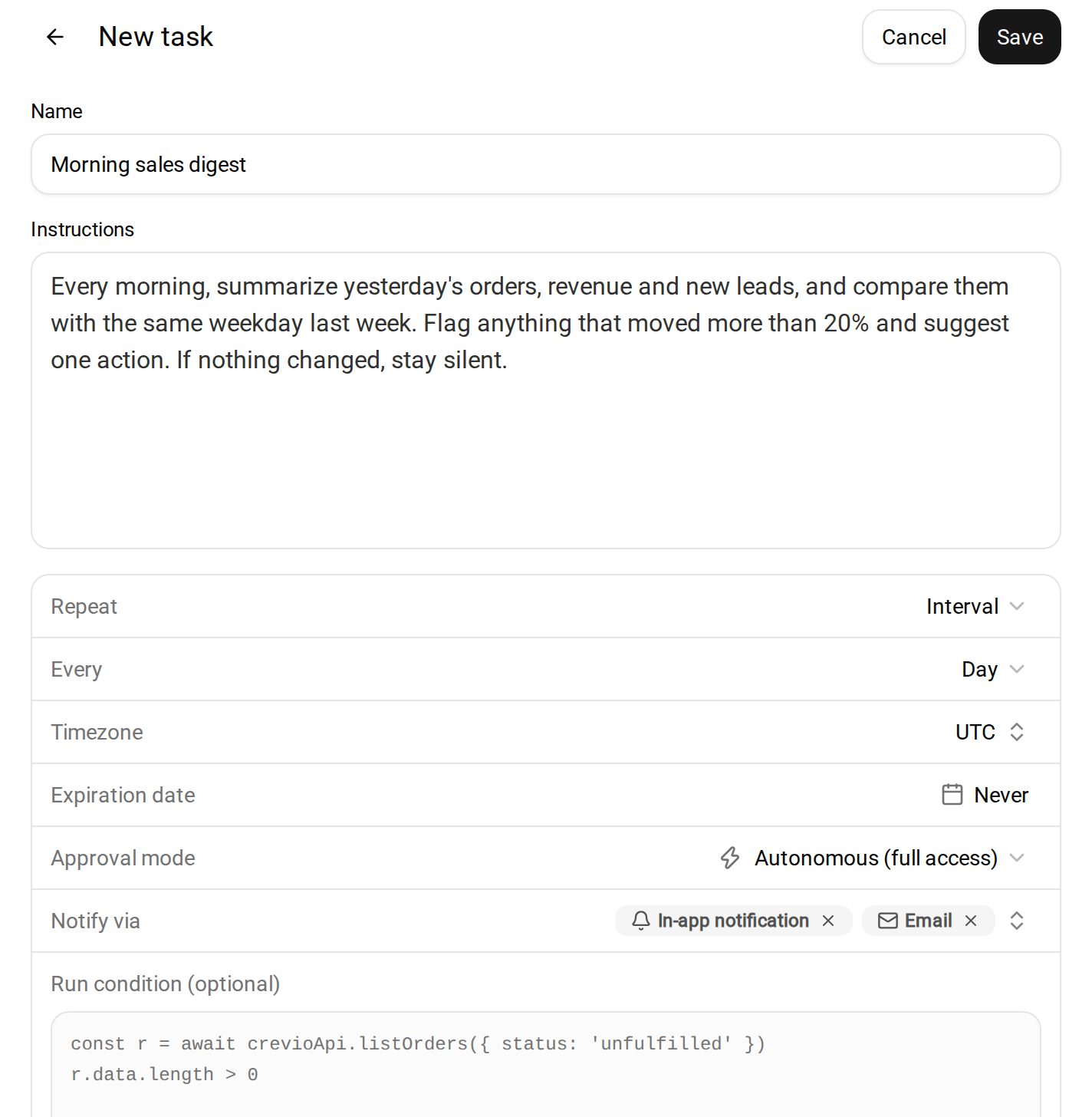 Crevio new task form with a morning sales digest, a daily repeat interval, timezone, approval mode set to autonomous, notifications by in-app and email, and an optional run condition