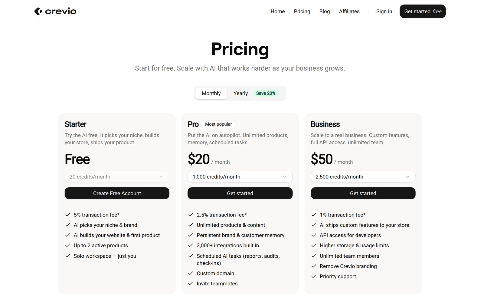 Crevio pricing: Starter free, Pro at $20 per month, Business at $50 per month