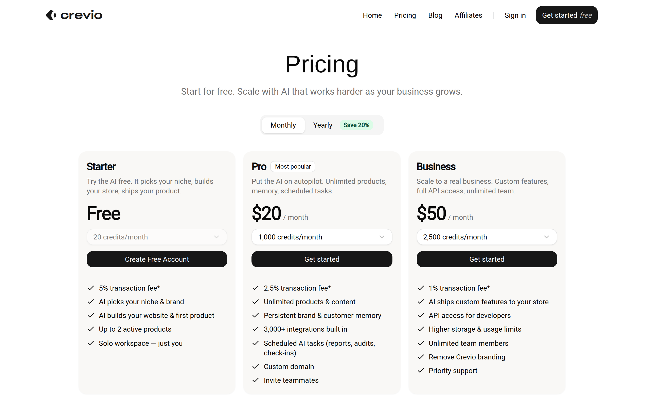 Crevio pricing page showing the free Starter plan, Pro at $20/month, and Business at $50/month