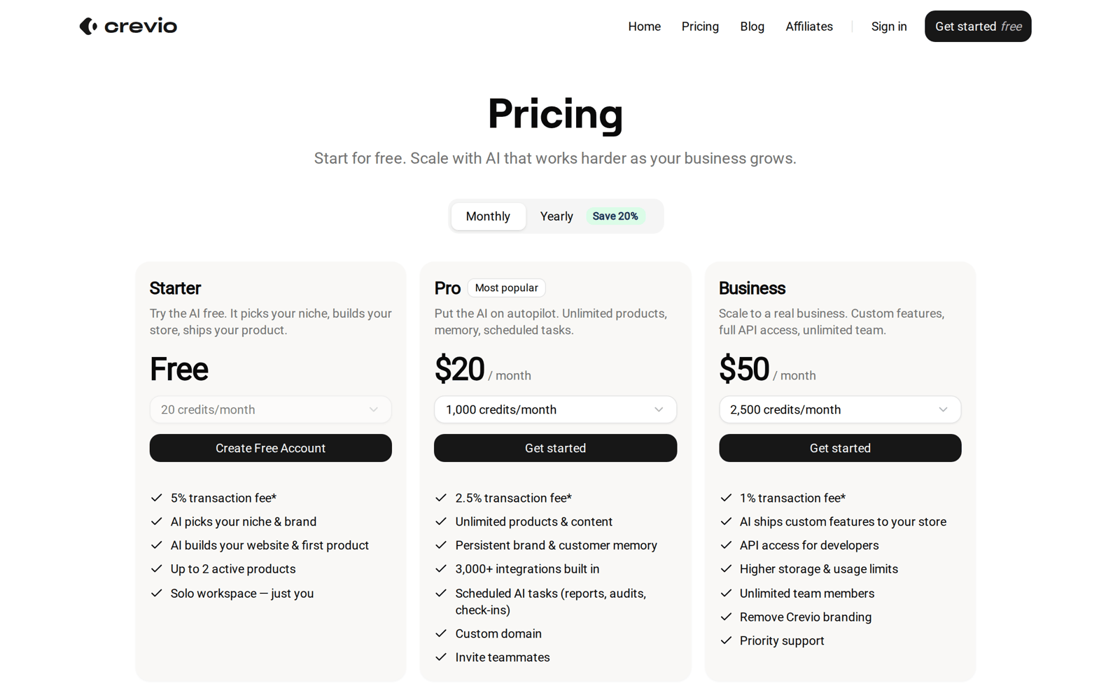 Crevio pricing: Starter is free with 20 credits a month and a 5% transaction fee, Pro is $20 a month with 1,000 credits and a 2.5% fee, Business is $50 a month with 2,500 credits and a 1% fee