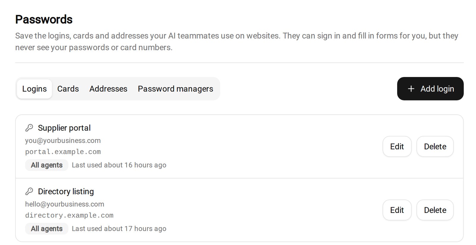 Crevio Passwords settings: saved logins the AI can use on websites without seeing the passwords, with tabs for cards, addresses and password managers