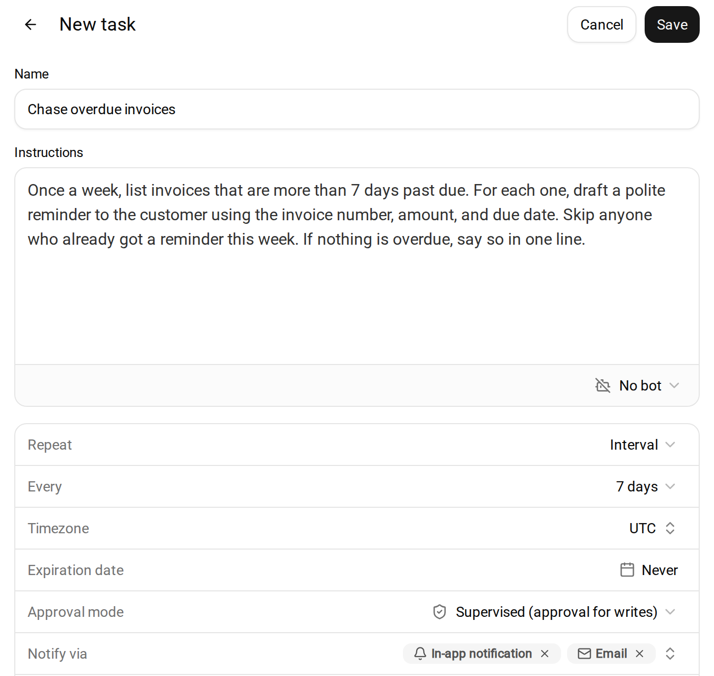 Crevio's new task form set to chase overdue invoices on a 7-day interval, with the approval mode set to Supervised, approval for writes, and results sent by in-app notification and email