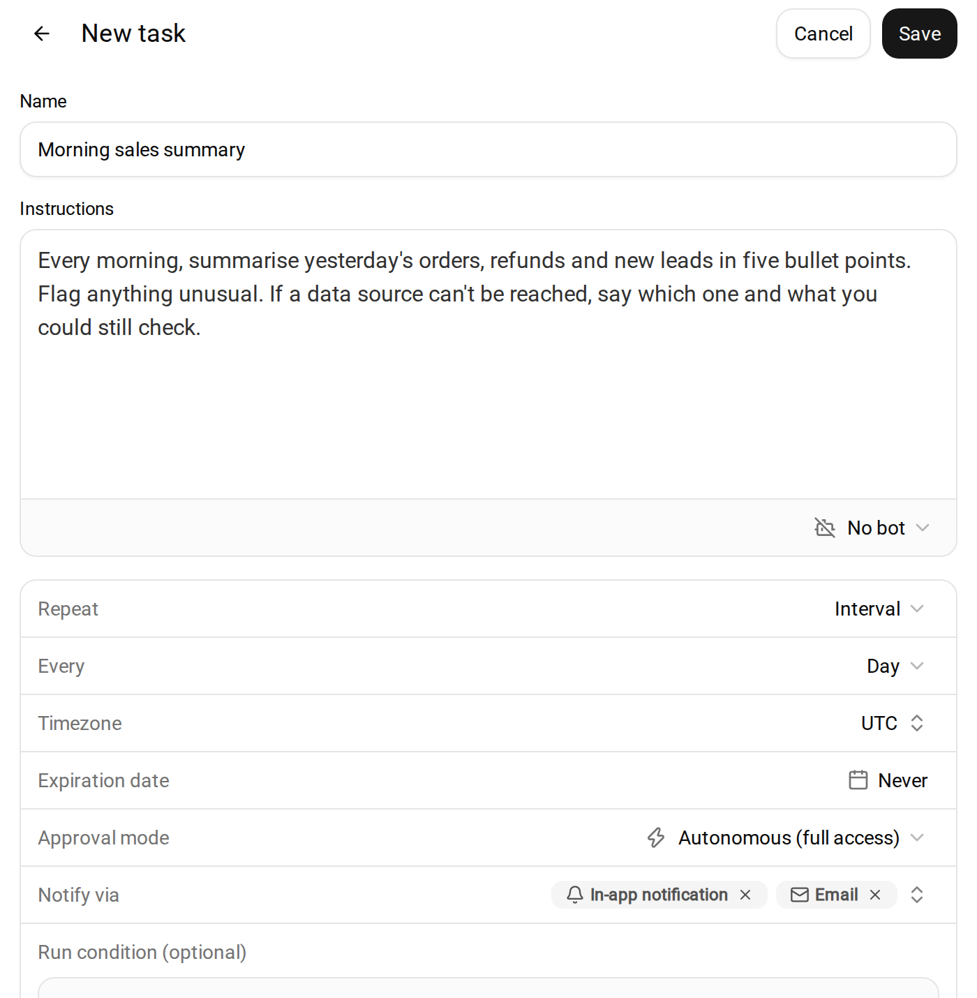 Crevio new task form for a daily Morning sales summary, with instructions to say which data source could not be reached, set to repeat every day, and Notify via set to in-app notification and email
