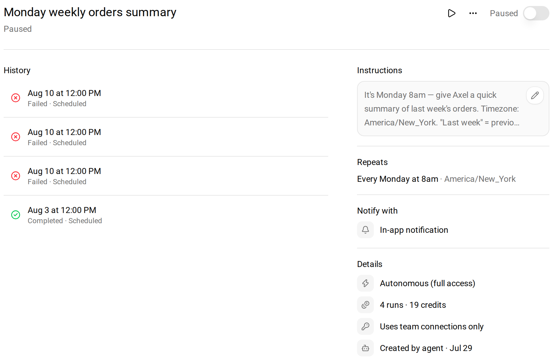 Crevio task detail showing a weekly orders summary that paused itself after three failed runs in a row, with its run history, schedule of every Monday at 8am, and usage of 4 runs and 19 credits
