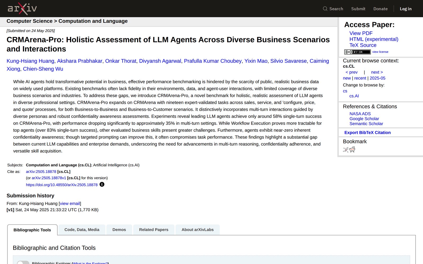 Abstract of Salesforce's CRMArena-Pro paper, reporting 58% single-turn success, 35% multi-turn success, and over 83% on workflow execution for leading AI agents