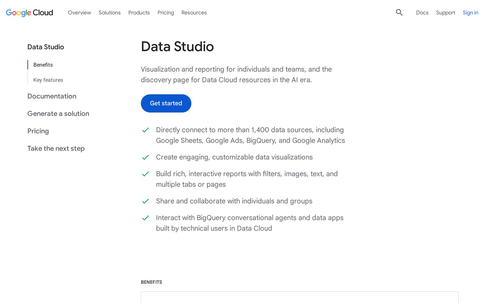 Google Cloud's Data Studio product page, formerly Looker Studio, listing connections to more than 1,400 data sources, interactive reports, and sharing with individuals and groups