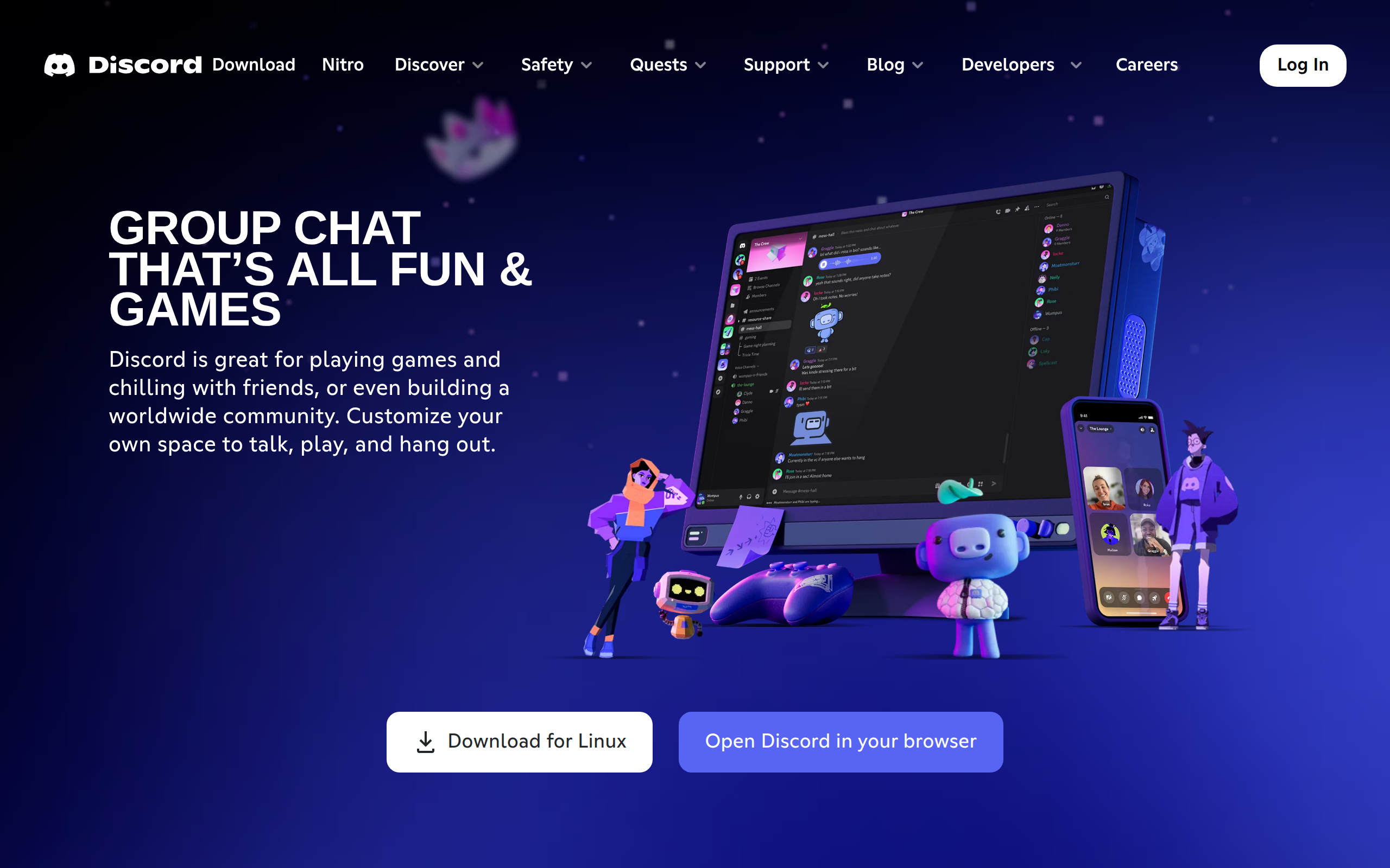 Discord's homepage showing the group chat product used to access servers