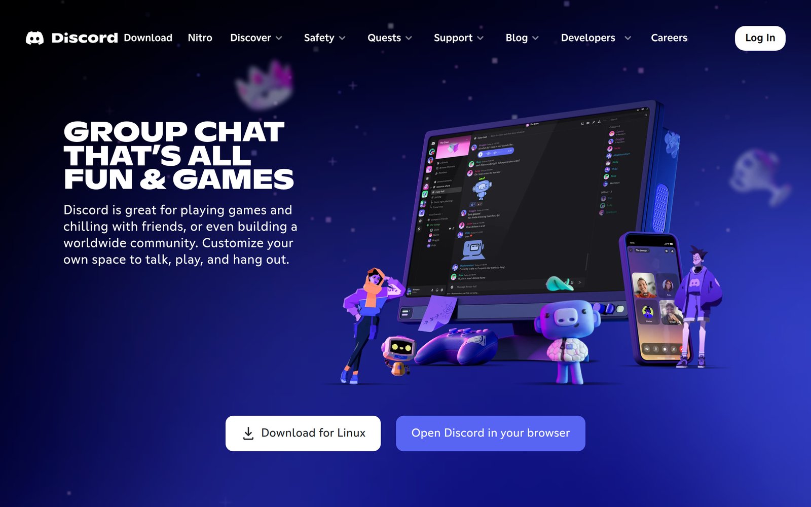 Discord homepage showing its group chat and voice channel interface