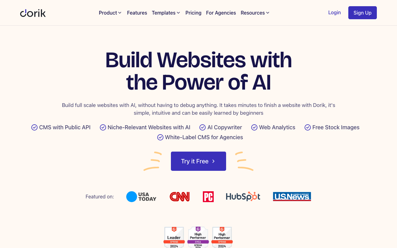 Dorik homepage showing simple AI website builder with free plan