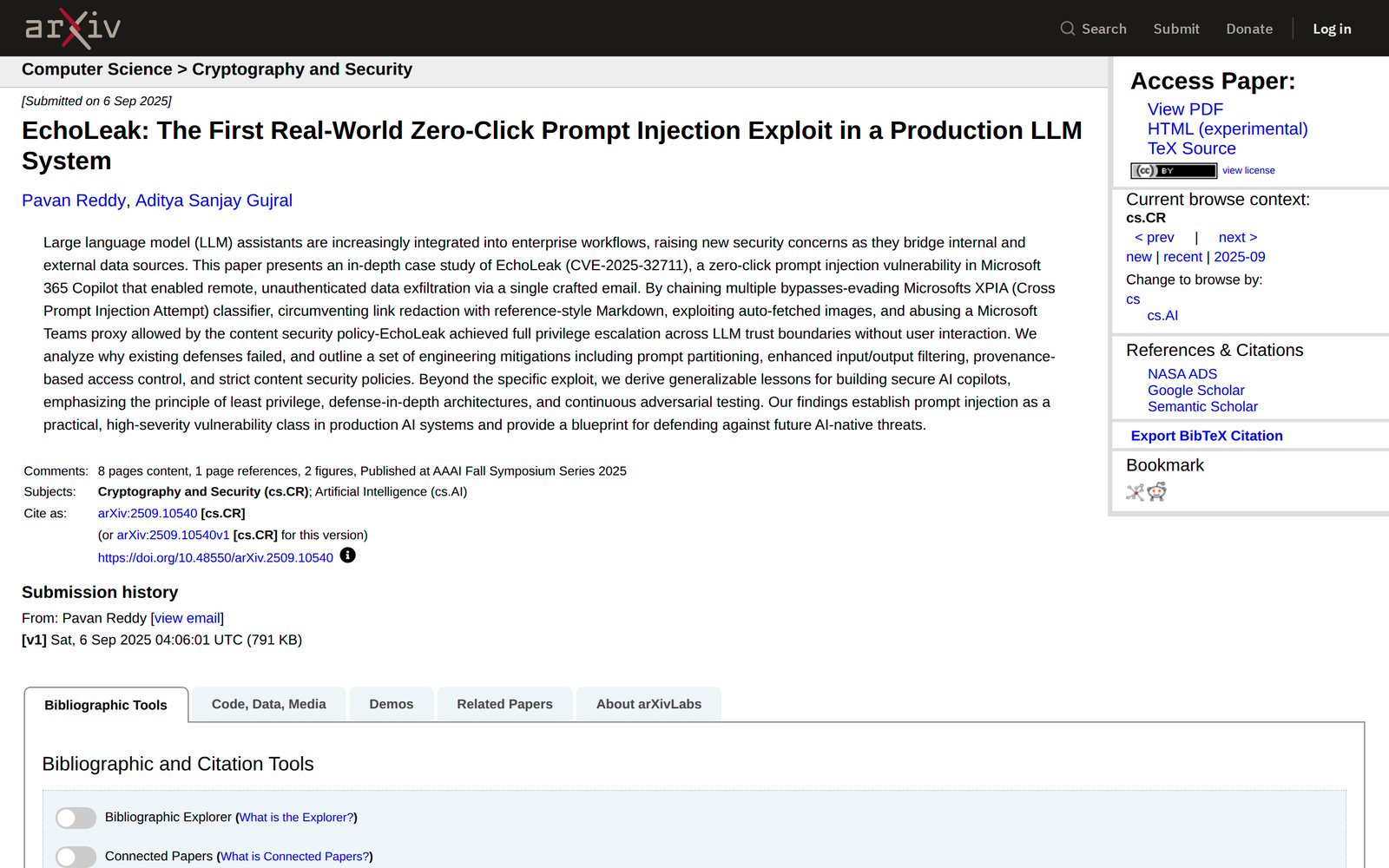 arXiv paper describing EchoLeak, a zero-click prompt injection that exfiltrated data from Microsoft 365 Copilot through a single email