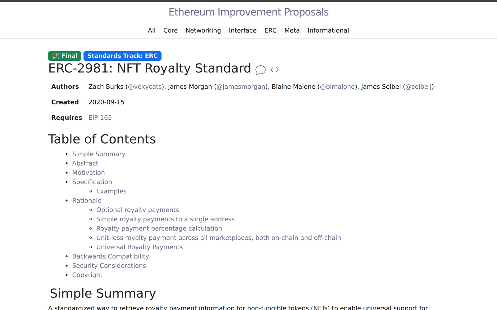 ERC-2981 NFT Royalty Standard page on the Ethereum Improvement Proposals site