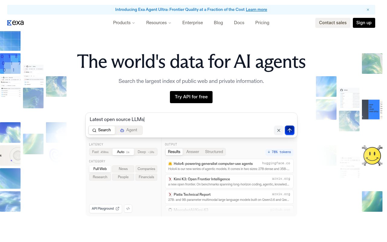 Exa homepage, a web search API built for AI agents with its own index of the public web