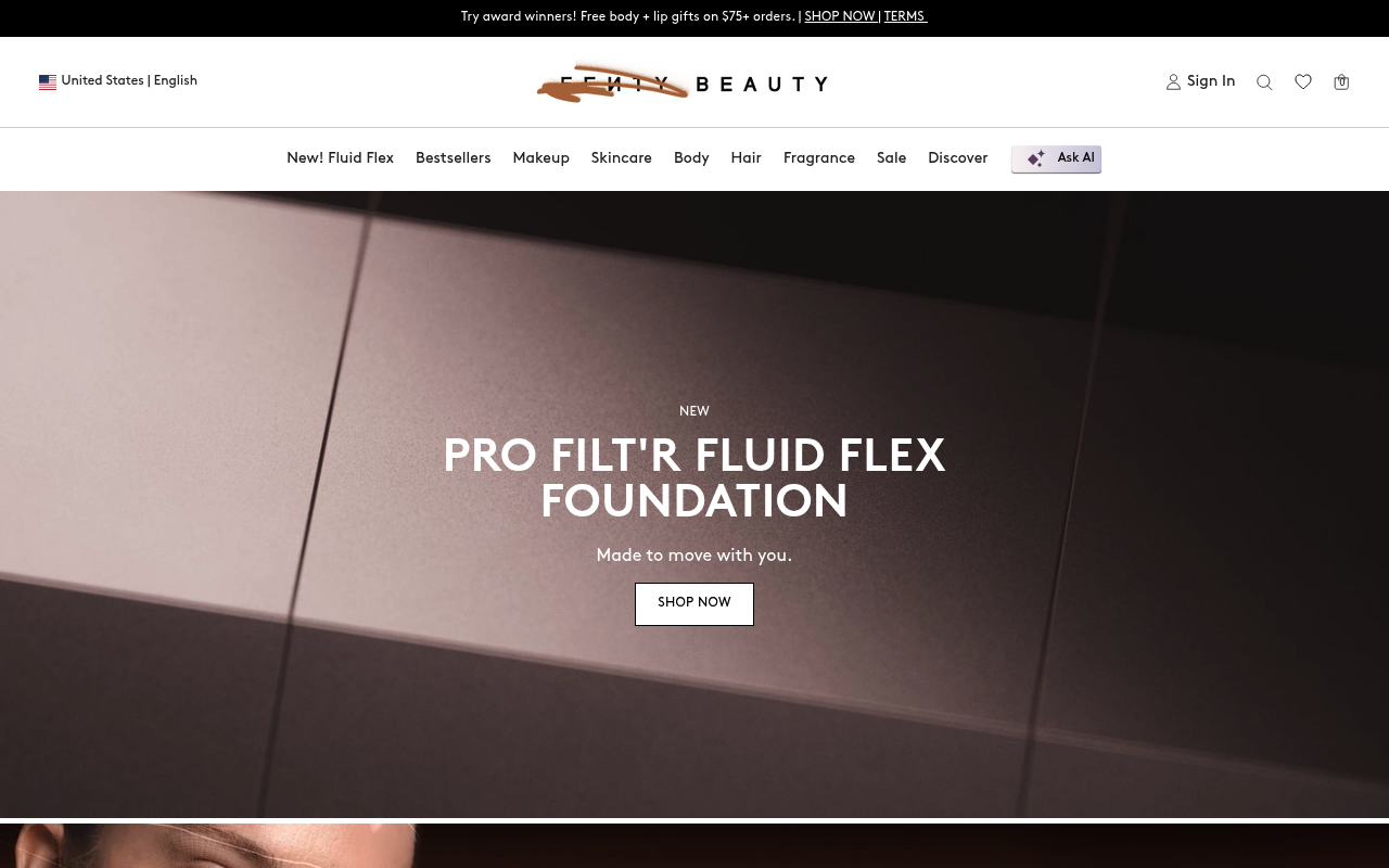 Fenty Beauty homepage leading with its Pro Filt'r foundation range