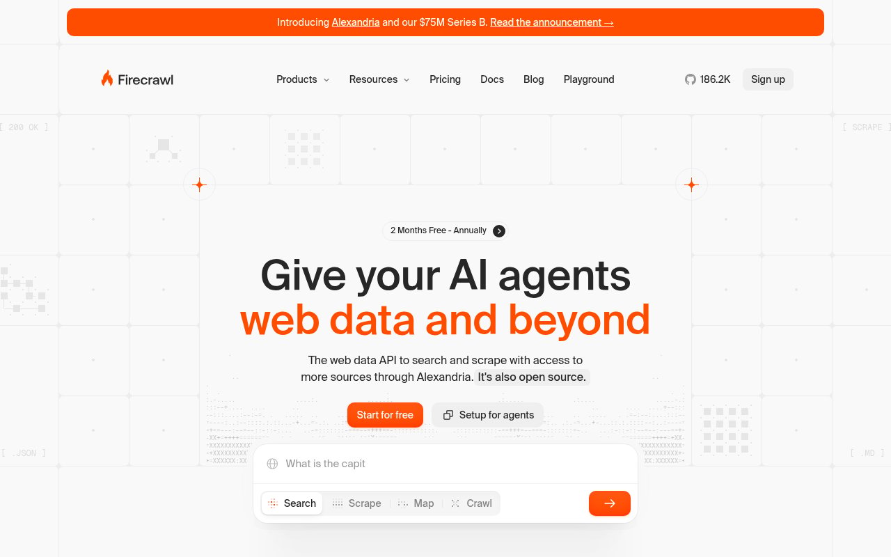 Firecrawl homepage, a web data API that turns websites into LLM-ready Markdown and JSON