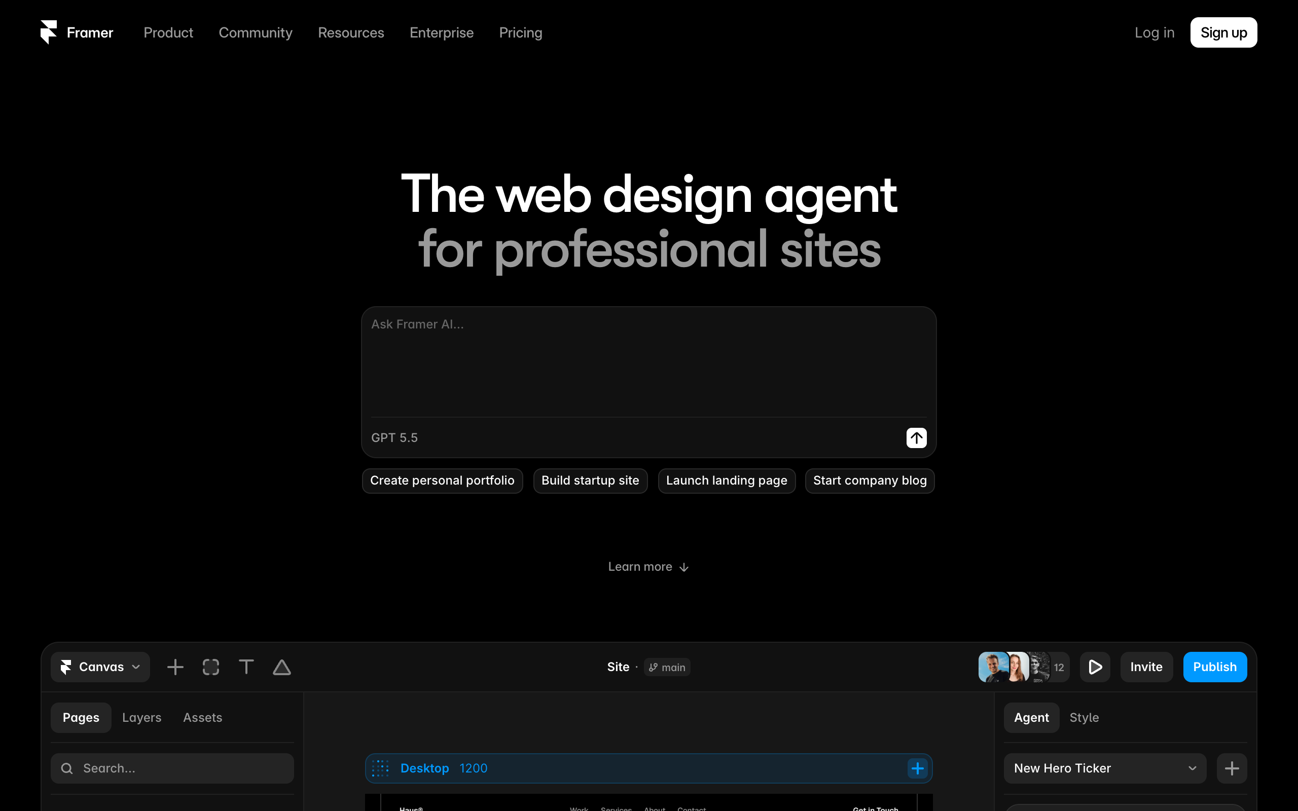 Framer homepage: the web design agent for professional sites