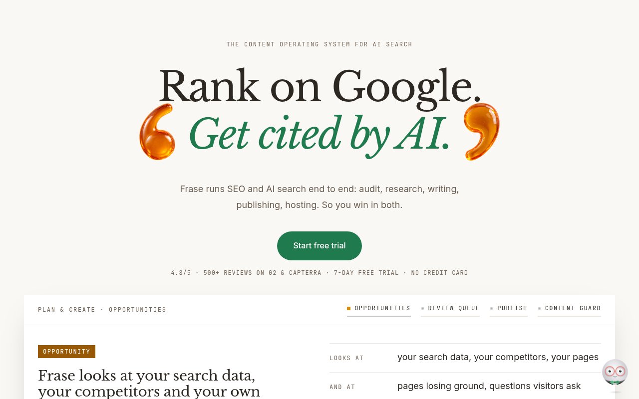 Frase homepage with the headline Rank on Google. Get cited by AI.