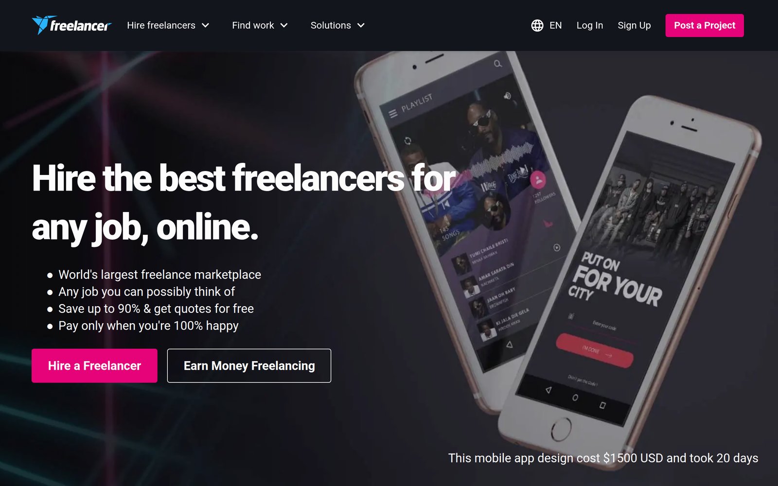 Freelancer.com homepage with the Hire a Freelancer and Earn Money Freelancing buttons