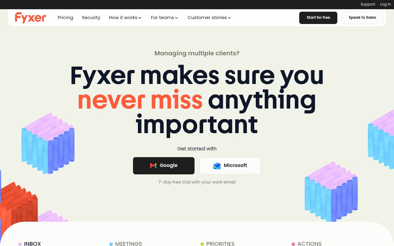 Fyxer homepage, an AI assistant that sorts your inbox and drafts replies for Gmail and Microsoft accounts