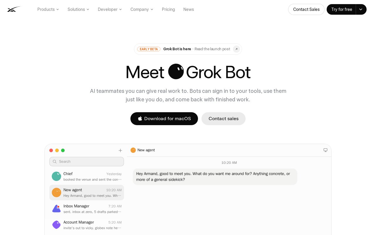 Grok Bot landing page showing AI teammates that sign in to your tools and return finished work