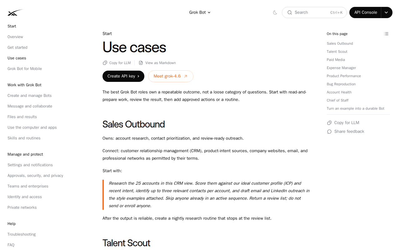 SpaceXAI's Grok Bot use cases documentation page, showing the Sales Outbound role instructed to return a review list and not send or enroll anyone