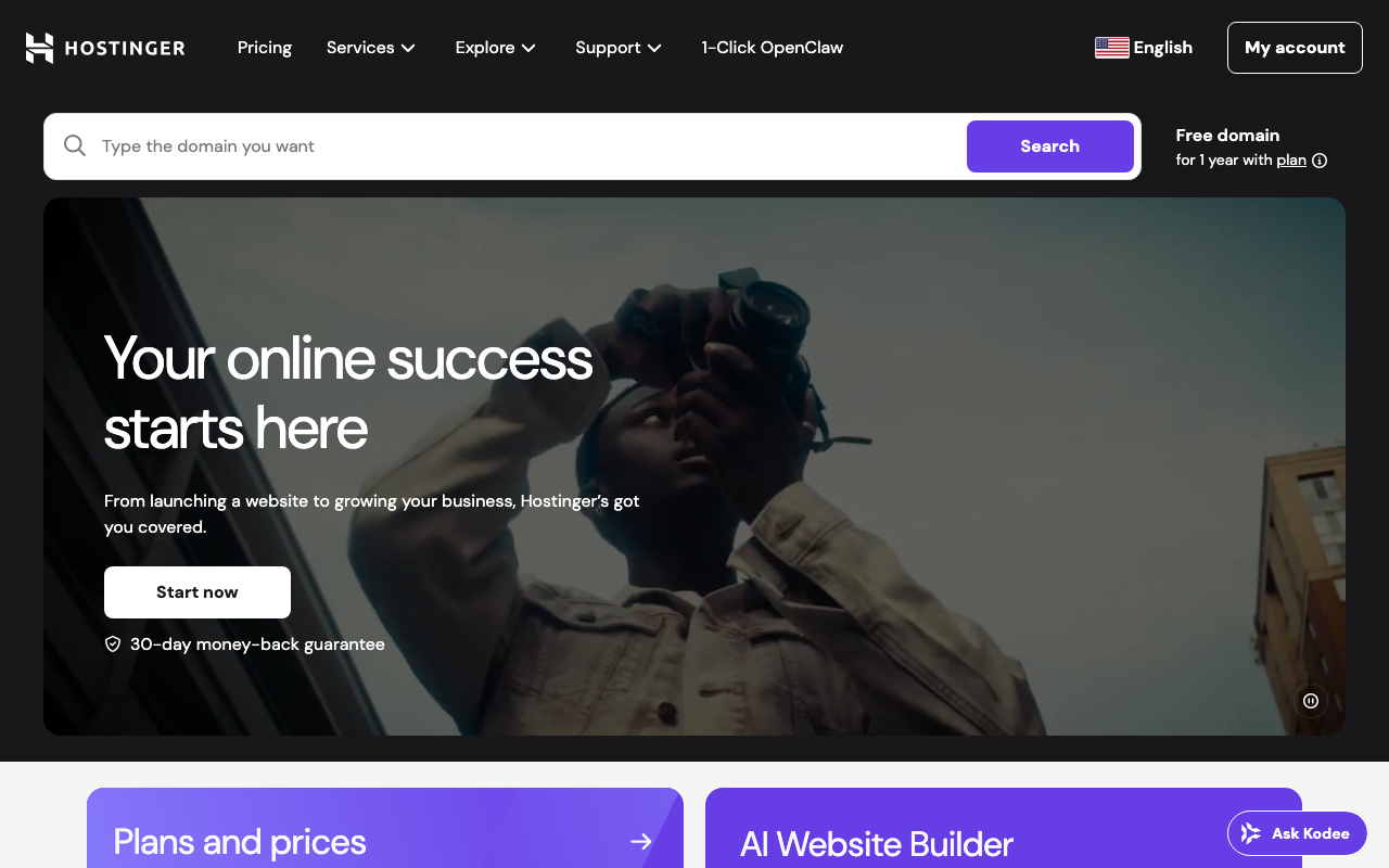 Hostinger homepage showing budget AI website builder and hosting plans
