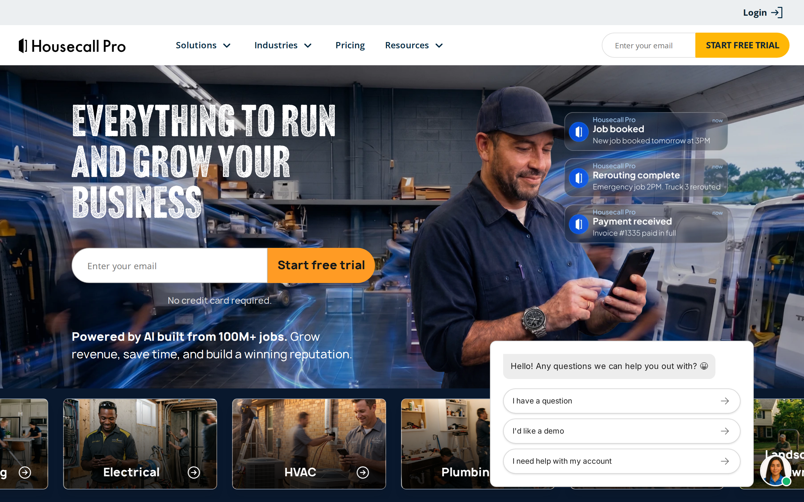 Housecall Pro's homepage, showing the dispatch and job-management tooling a growing cleaning business moves onto