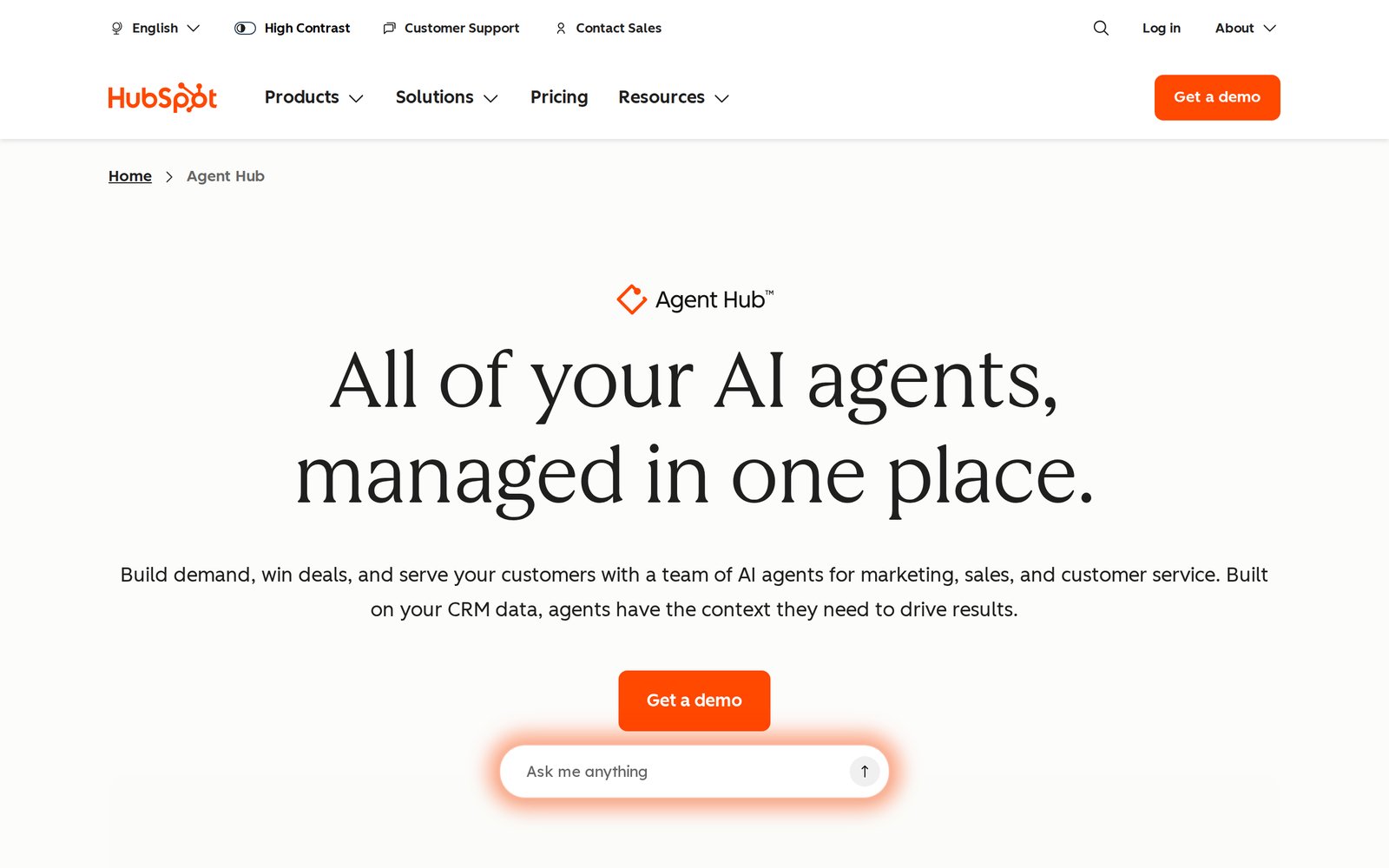HubSpot Agent Hub page promoting AI agents for marketing, sales, and customer service built on CRM data