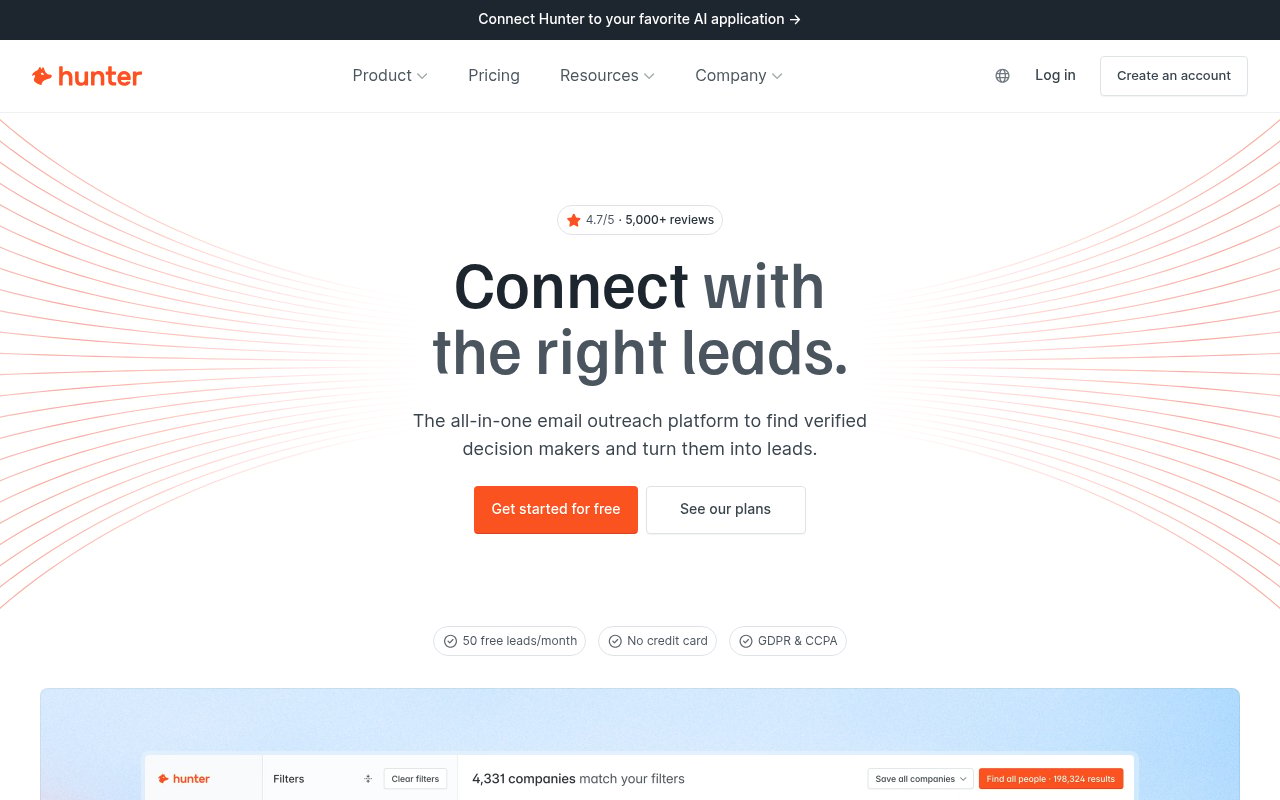 Hunter homepage, an email finder and outreach platform with a free plan of 50 leads a month