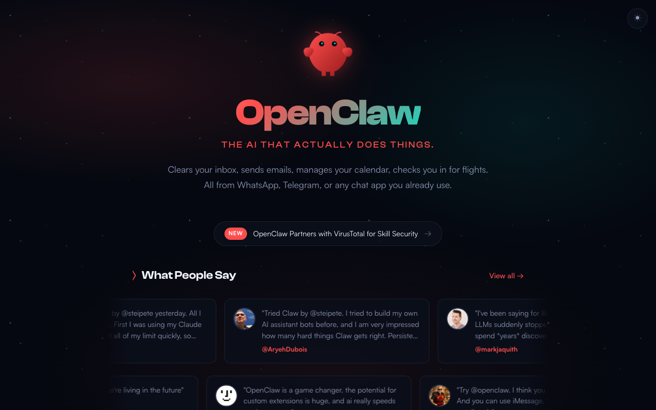 OpenClaw homepage showing the open-source AI agent platform