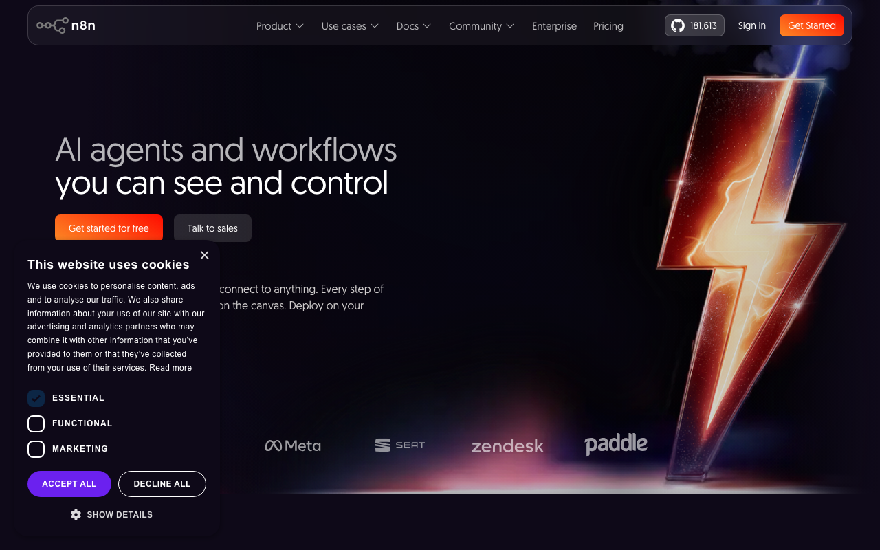 n8n homepage showing open-source AI workflow automation platform