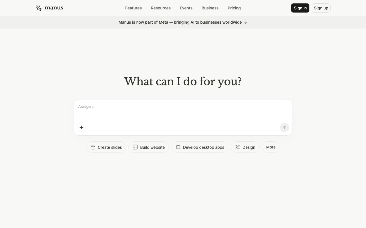 Manus AI homepage showing cloud-based AI agent platform