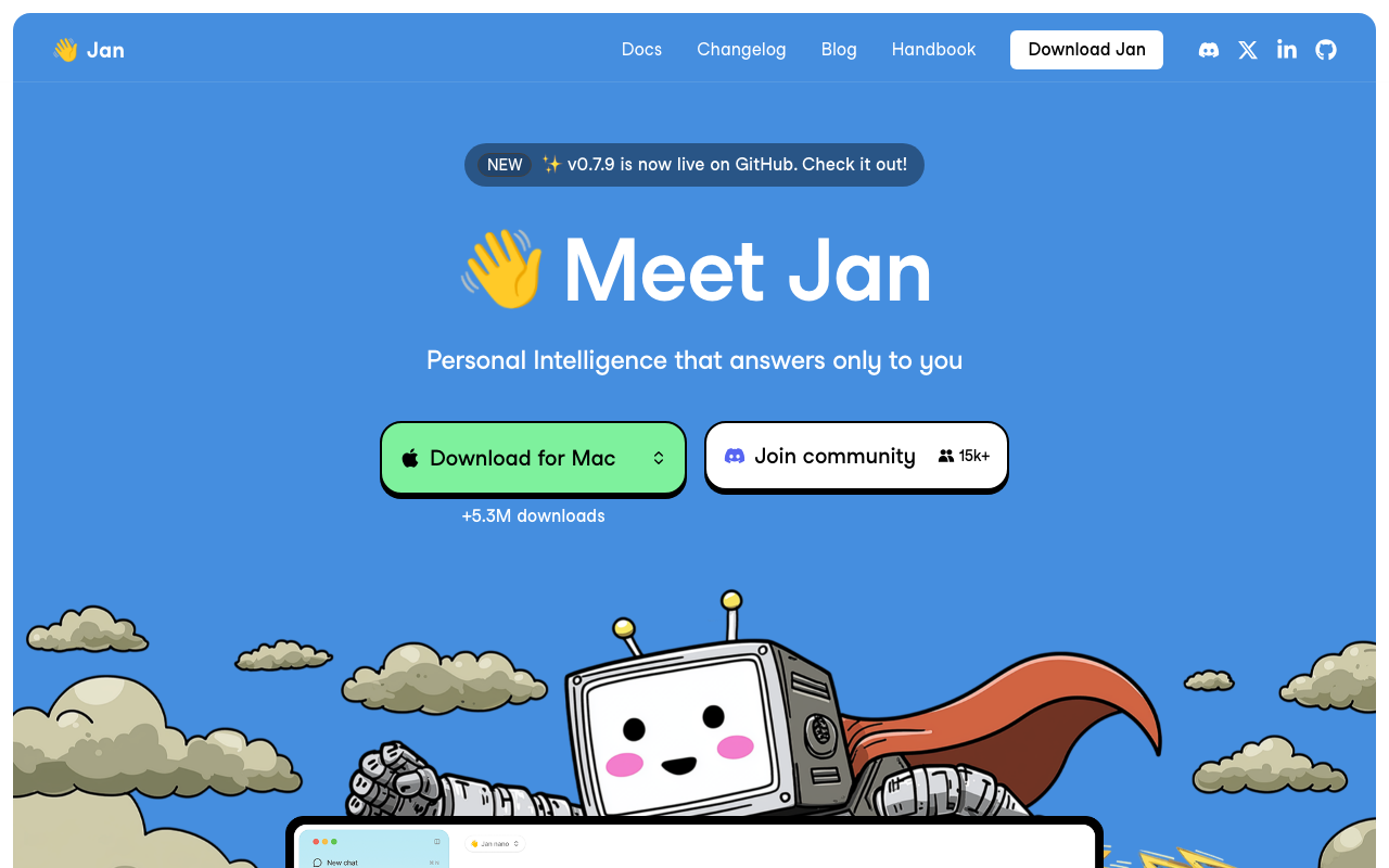 Jan.ai homepage showing offline AI assistant