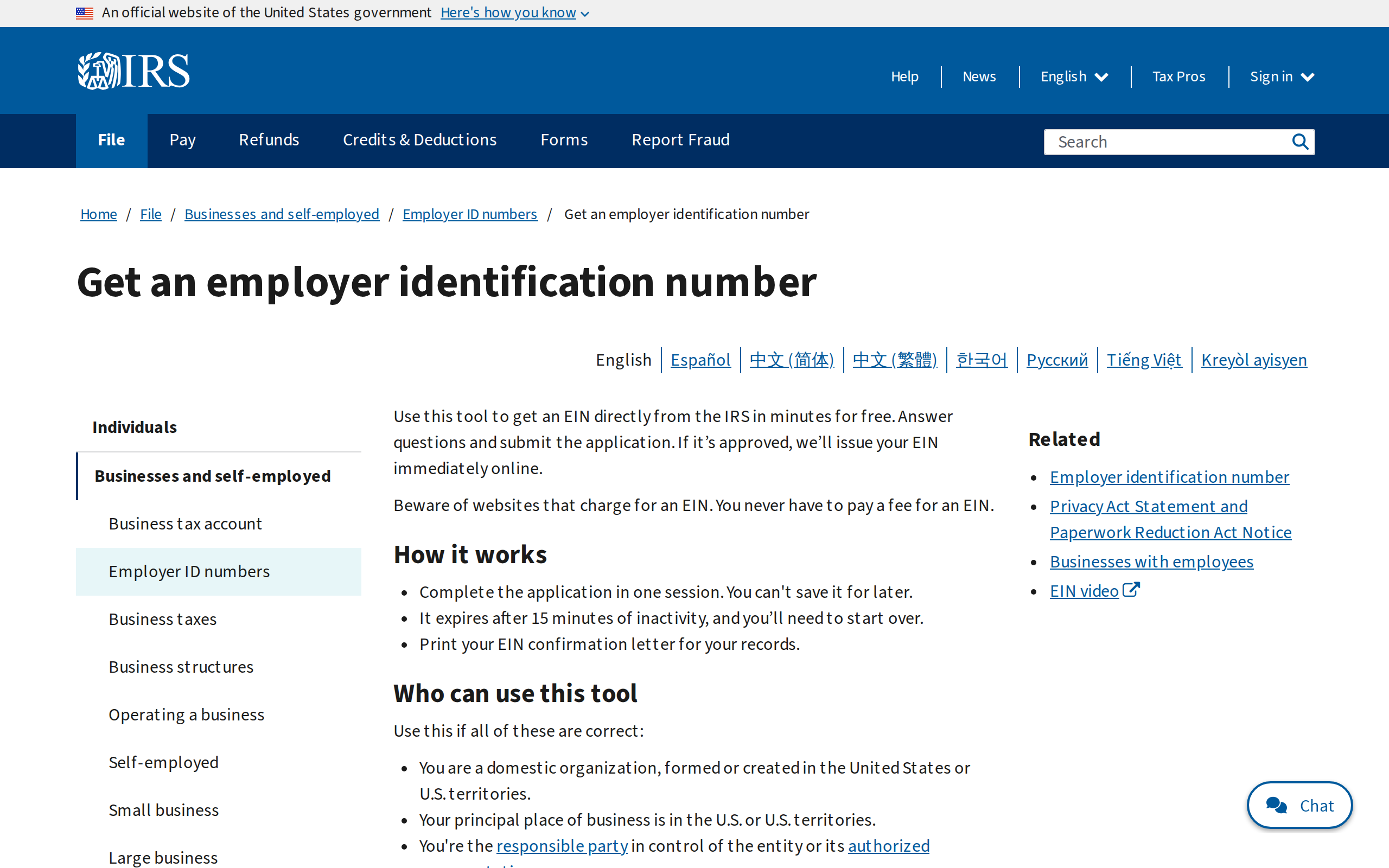 The IRS page for applying online for an Employer Identification Number, issued immediately on completion