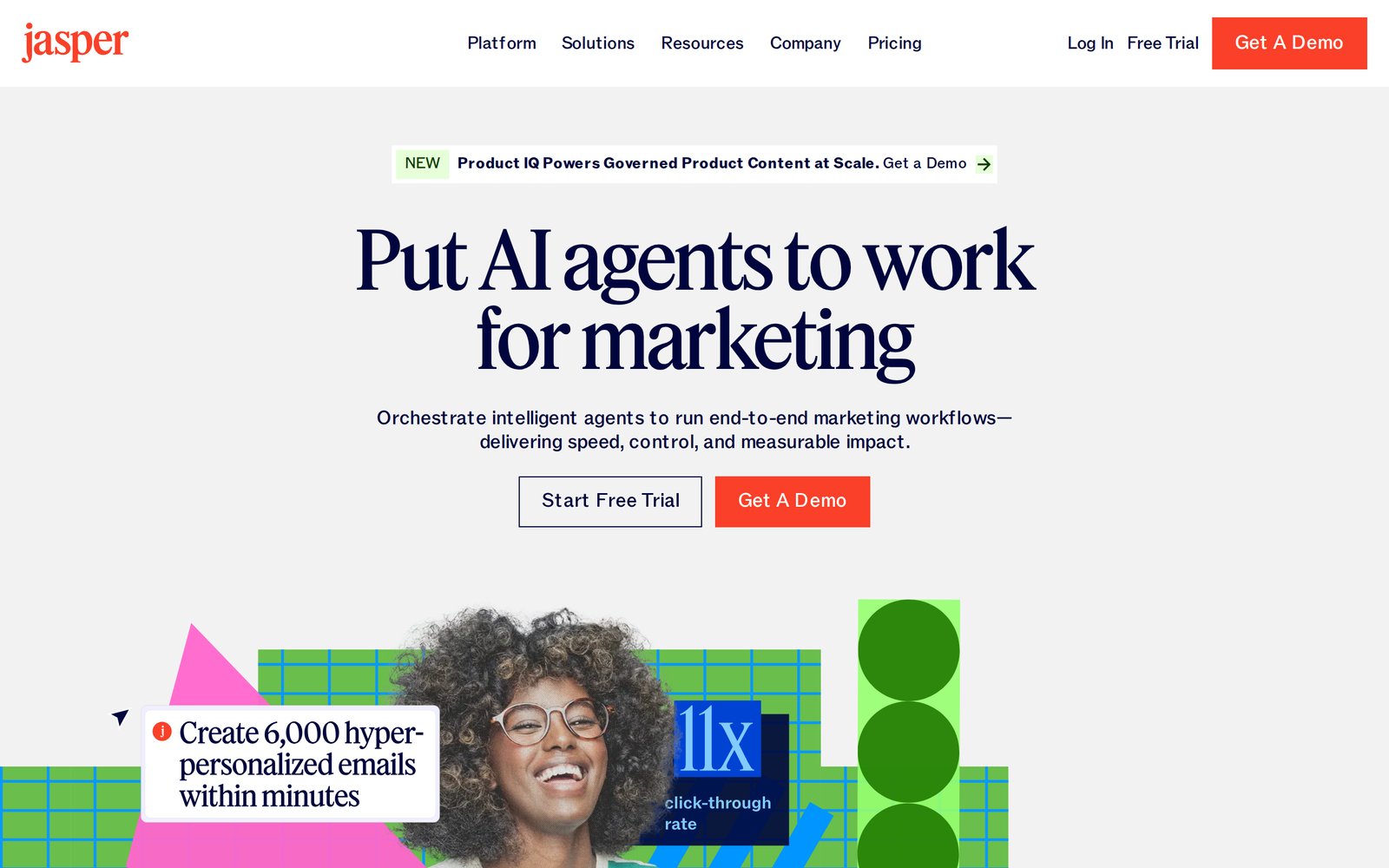 Jasper homepage with the headline Put AI agents to work for marketing