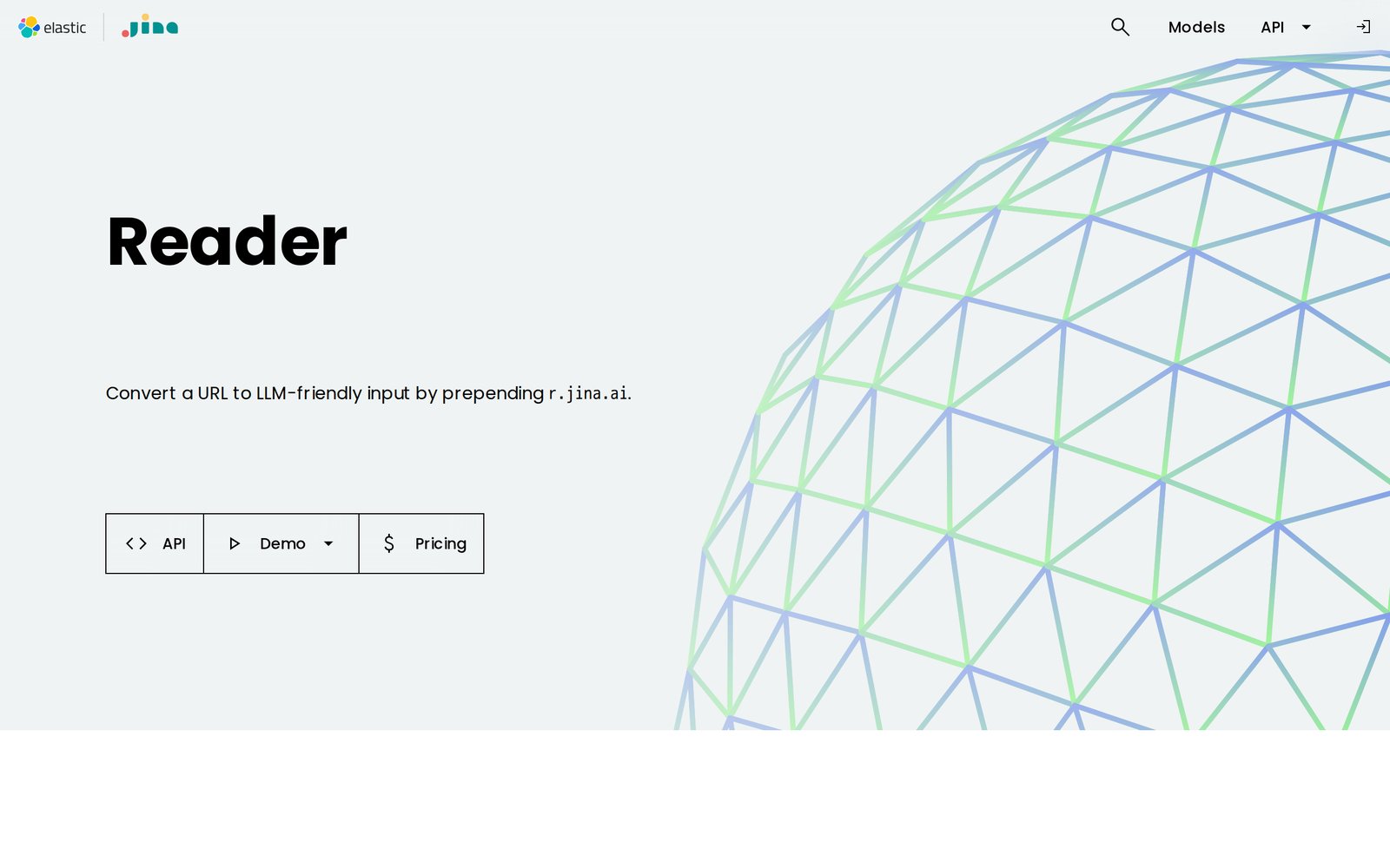 Jina Reader page, which converts any URL into LLM-friendly input by prepending r.jina.ai