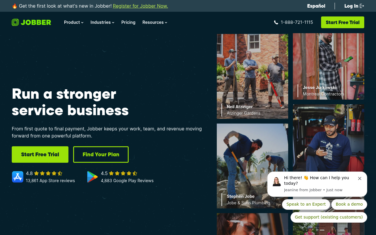 Jobber's homepage, a field-service platform for quoting, scheduling, and invoicing a cleaning crew