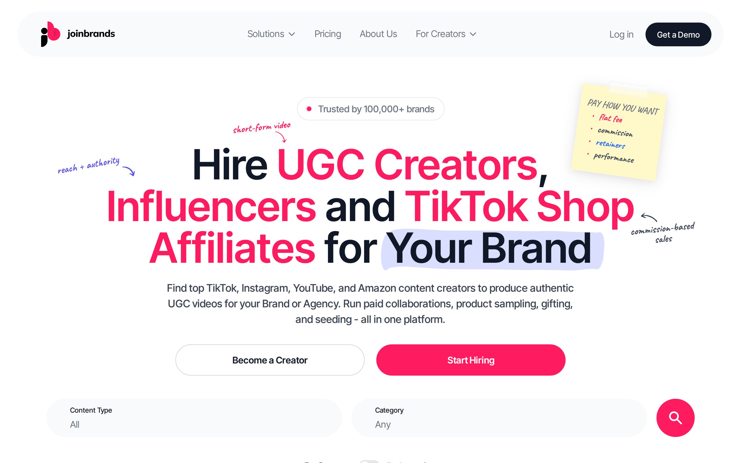 JoinBrands' homepage, a marketplace matching UGC creators with brands running paid campaigns
